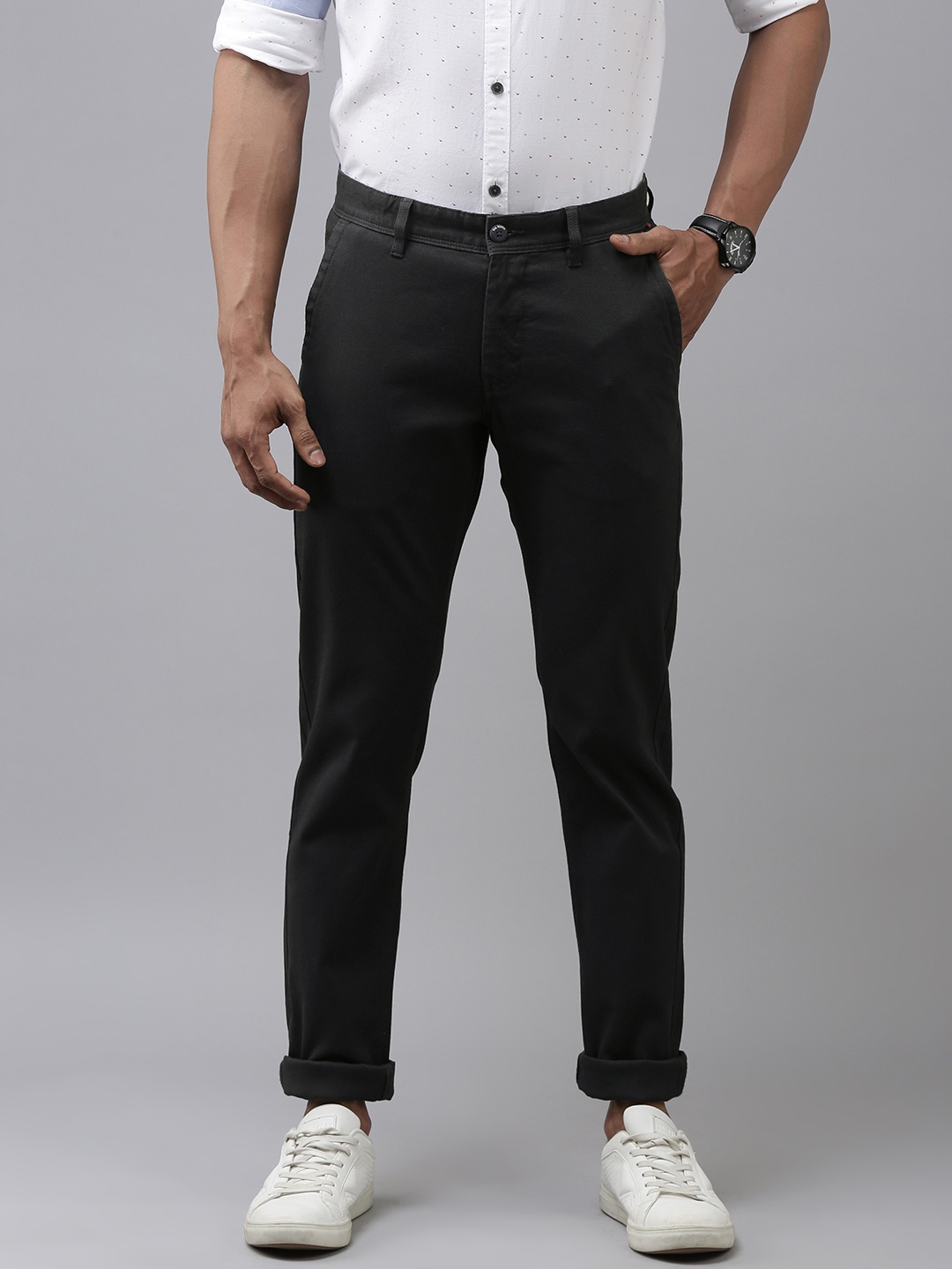 

Van Heusen Sport Men Navy Blue Textured Tapered Fit Trousers