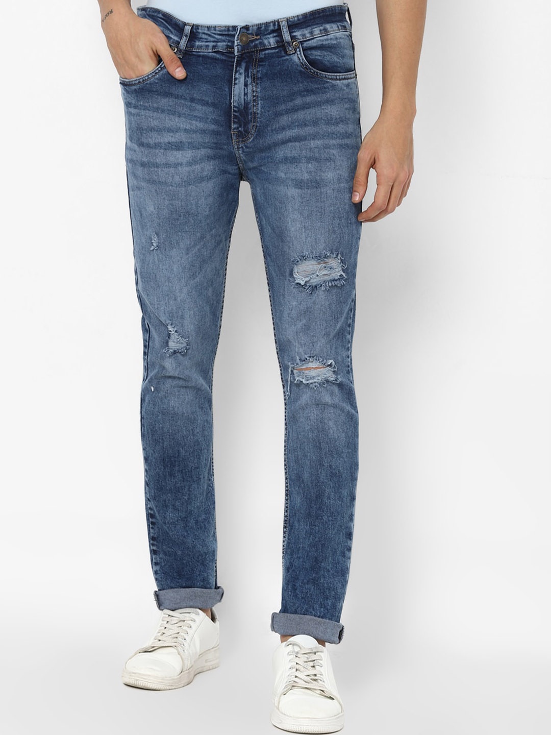 

FOREVER 21 Men Blue Mildly Distressed Heavy Fade Jeans