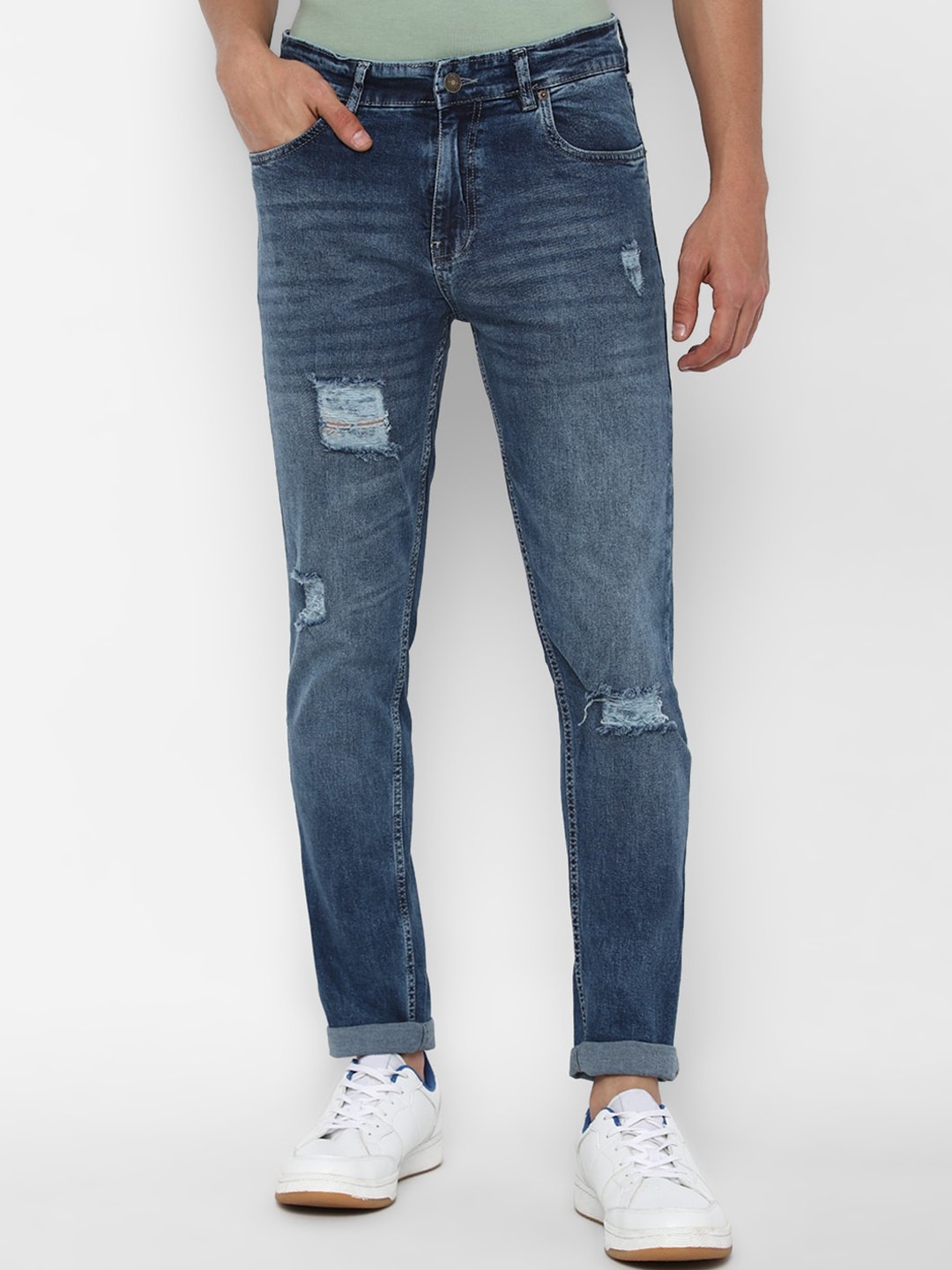 

FOREVER 21 Men Blue Regular Fit Highly Distressed Heavy Fade Jeans
