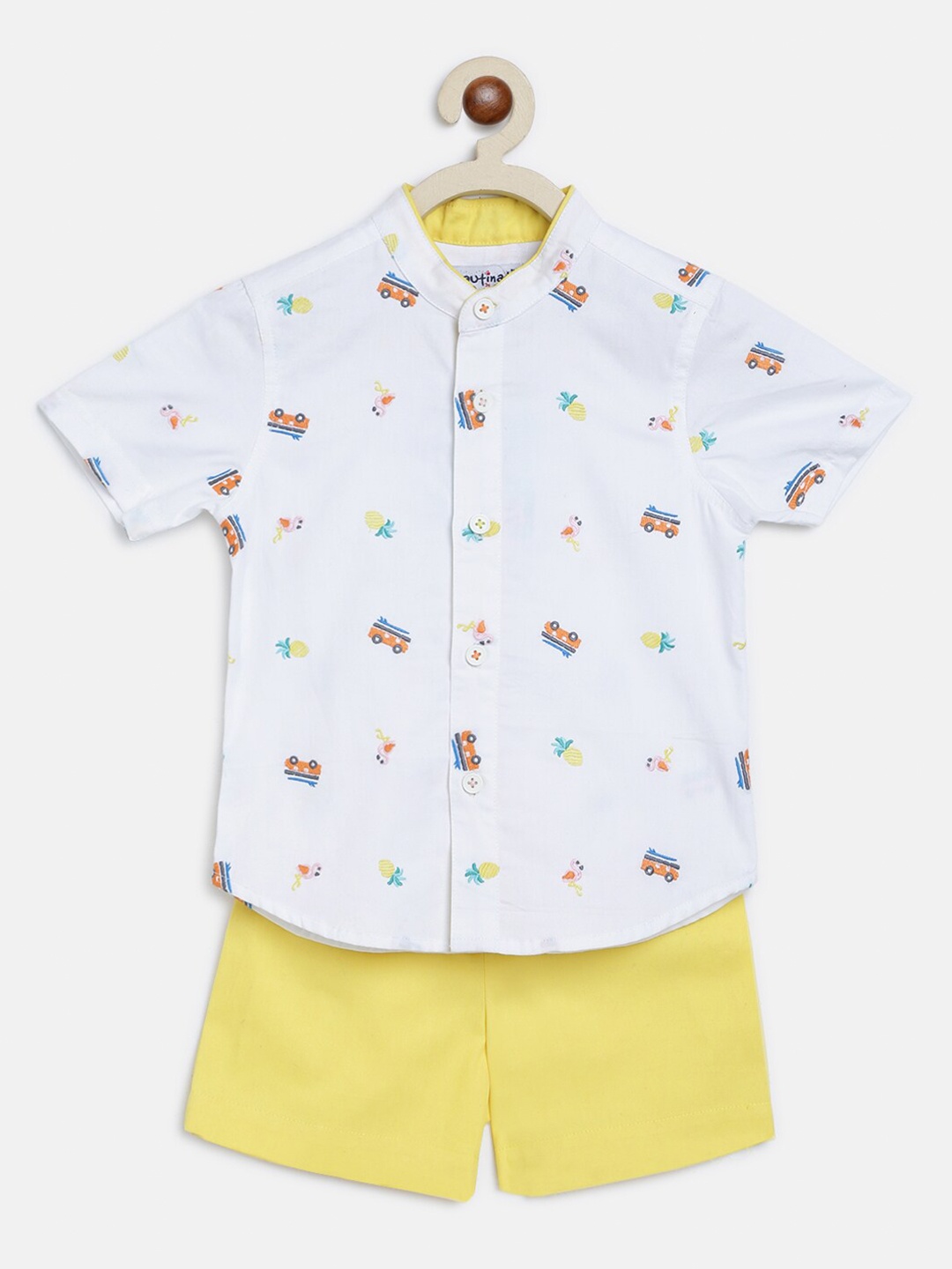 

Nauti Nati Boys White & Yellow Printed Pure Cotton Shirt with Shorts