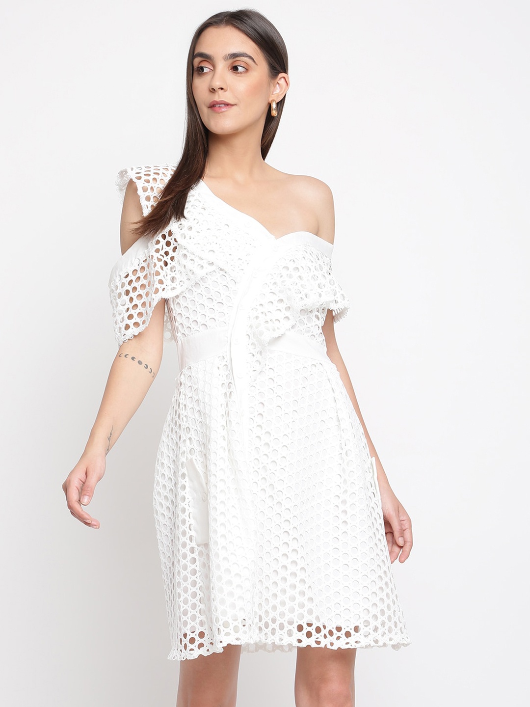 

iki chic White One Shoulder Lace Pure Cotton A-Line Dress