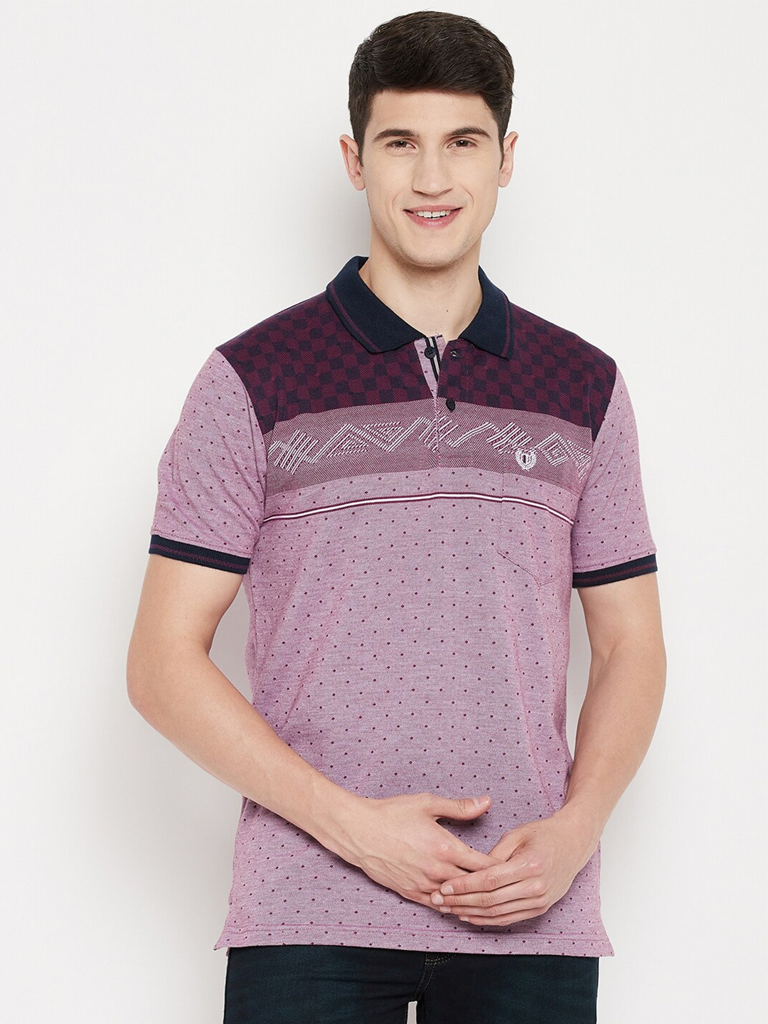 

Duke Men Maroon Polka Dots Print Polo Collar Cotton T-shirt