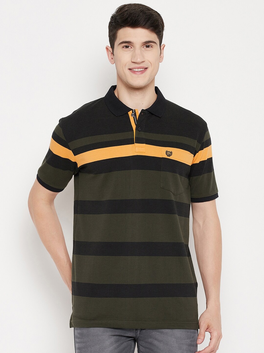 

Duke Men Olive Green & Black Striped Polo Collar T-shirt