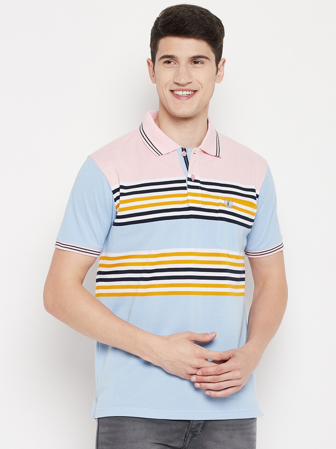 

Duke Men Blue & Pink Striped Polo Collar T-shirt