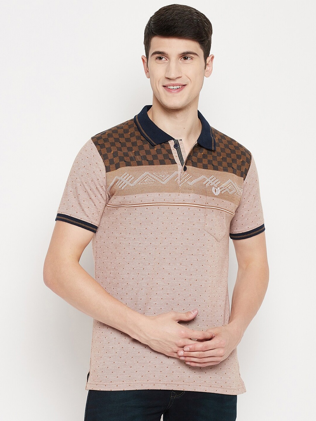 

Duke Men Brown & Navy Blue Printed Cotton Polo Collar T-shirt