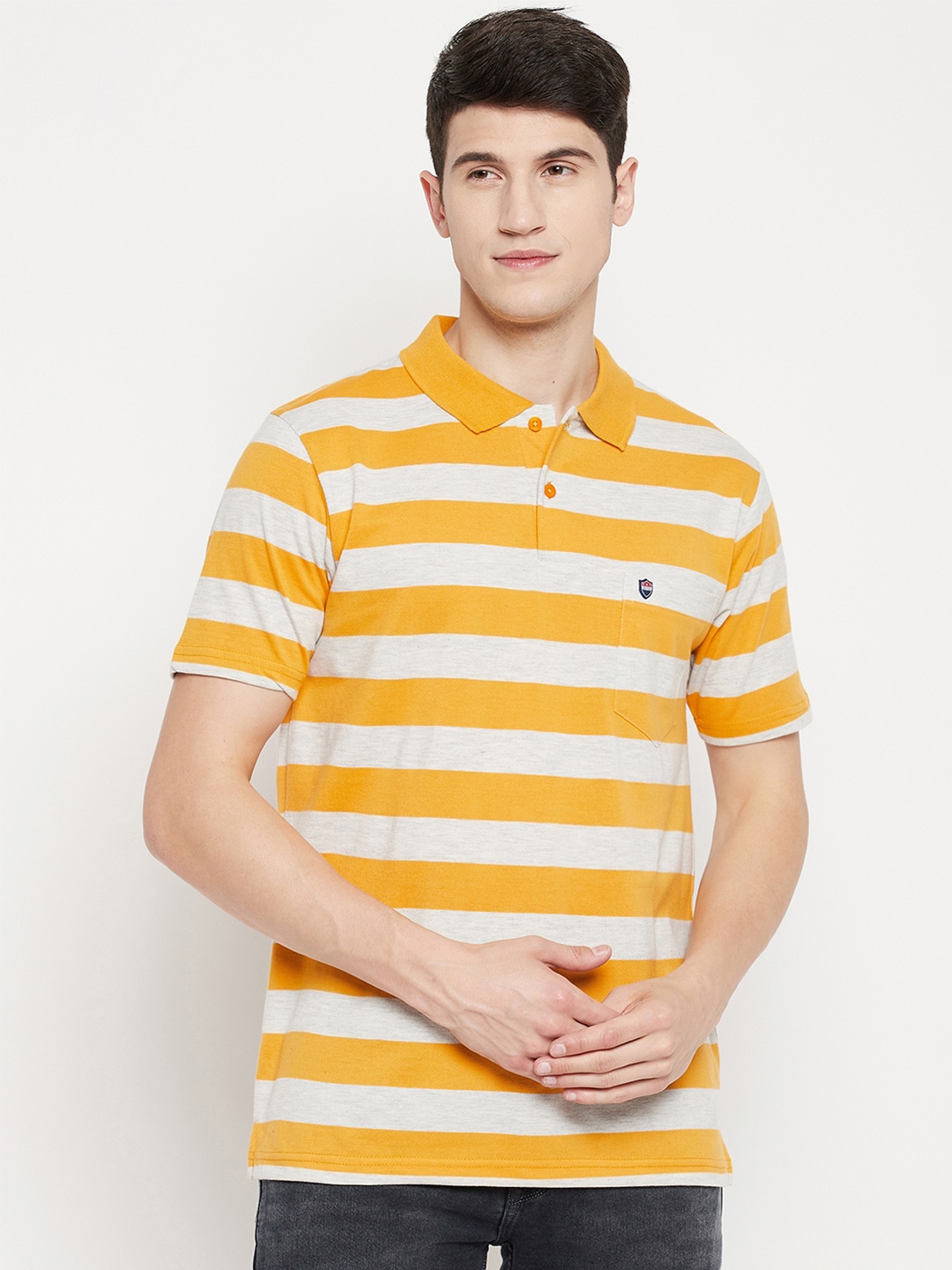 

Duke Men Yellow & Grey Striped Polo Collar T-shirt