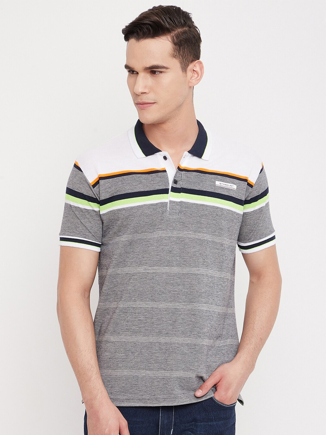

Duke Men White Striped Polo Collar Slim Fit T-shirt