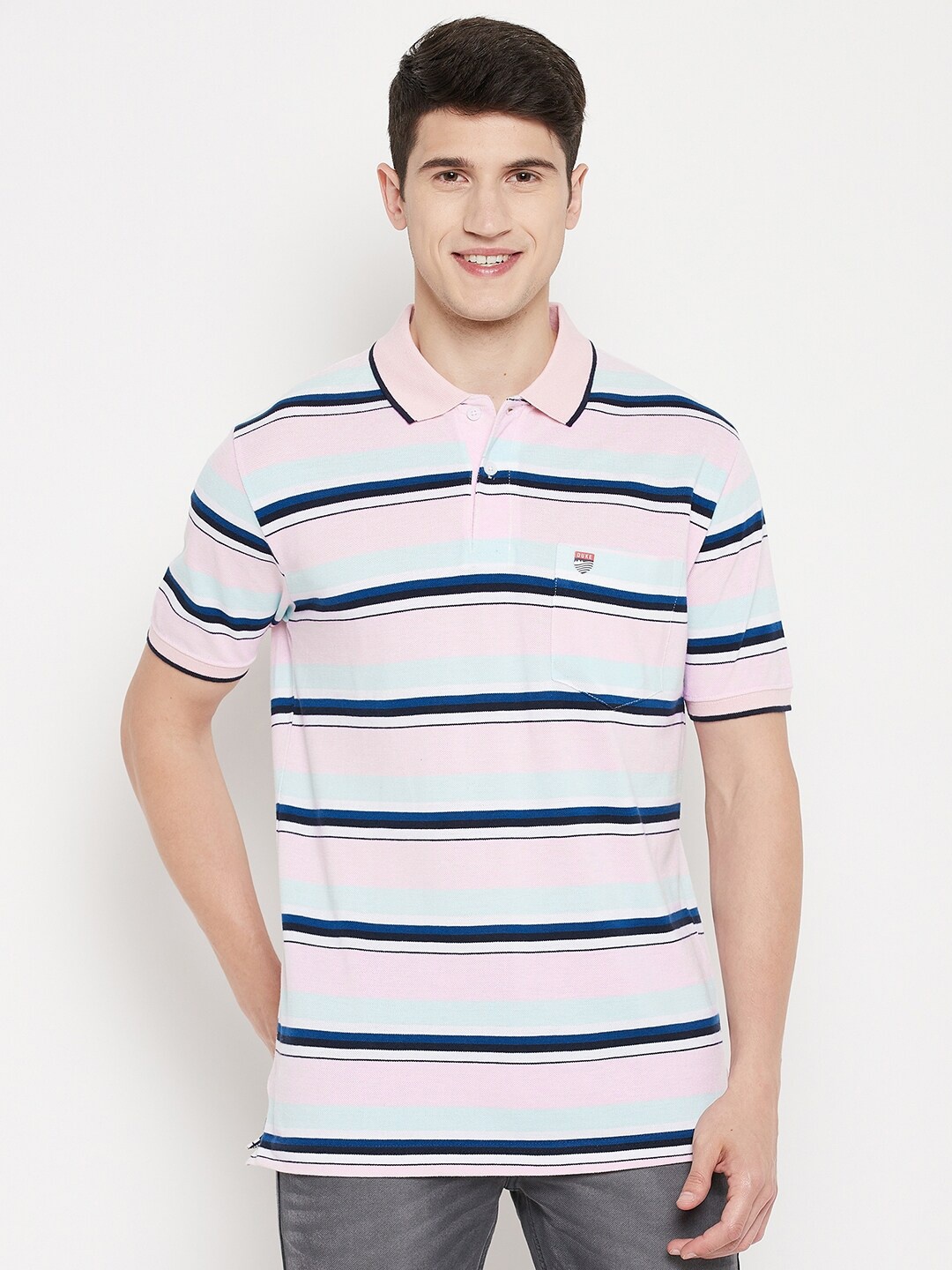 

Duke Men Pink & Blue Striped Polo Collar T-shirt