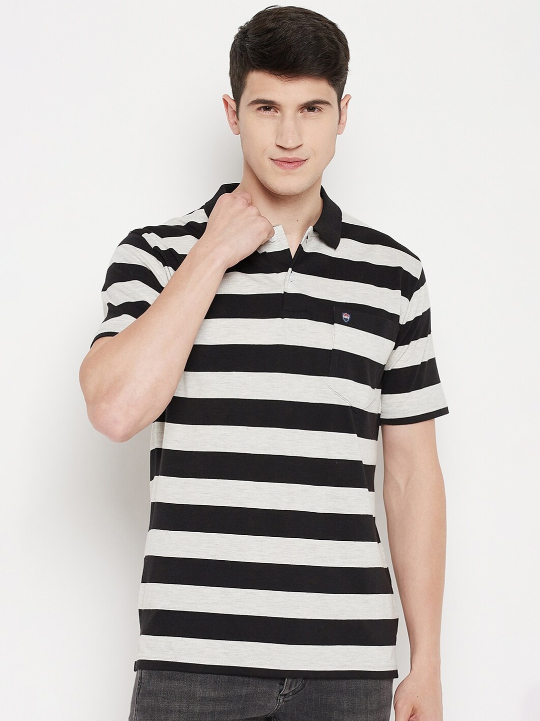 

Duke Men Black & White Striped Cotton Polo Collar T-shirt