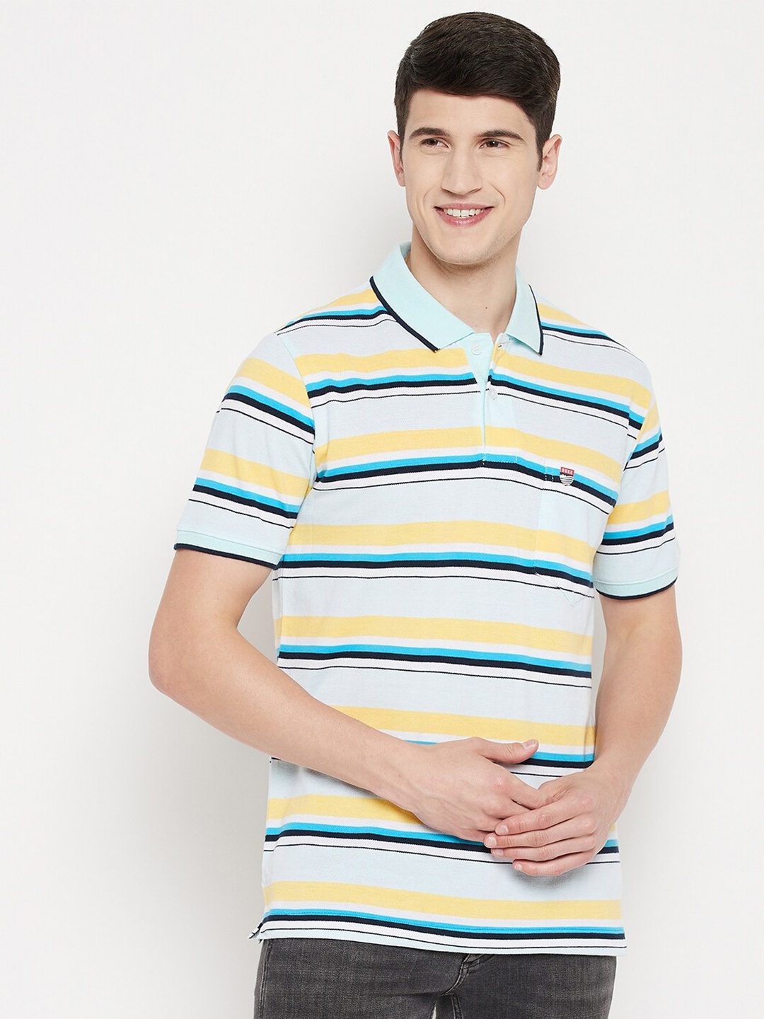 

Duke Men Blue Striped Polo Collar T-shirt