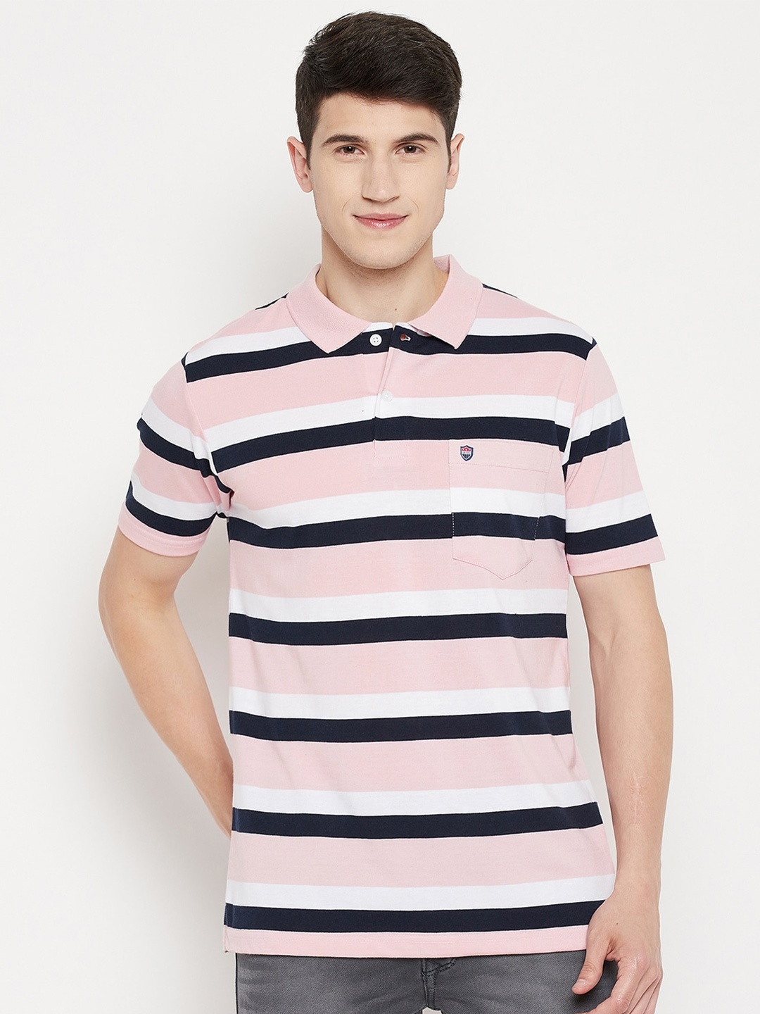 

Duke Men Pink & White Striped Polo Collar Regular-Fit T-shirt