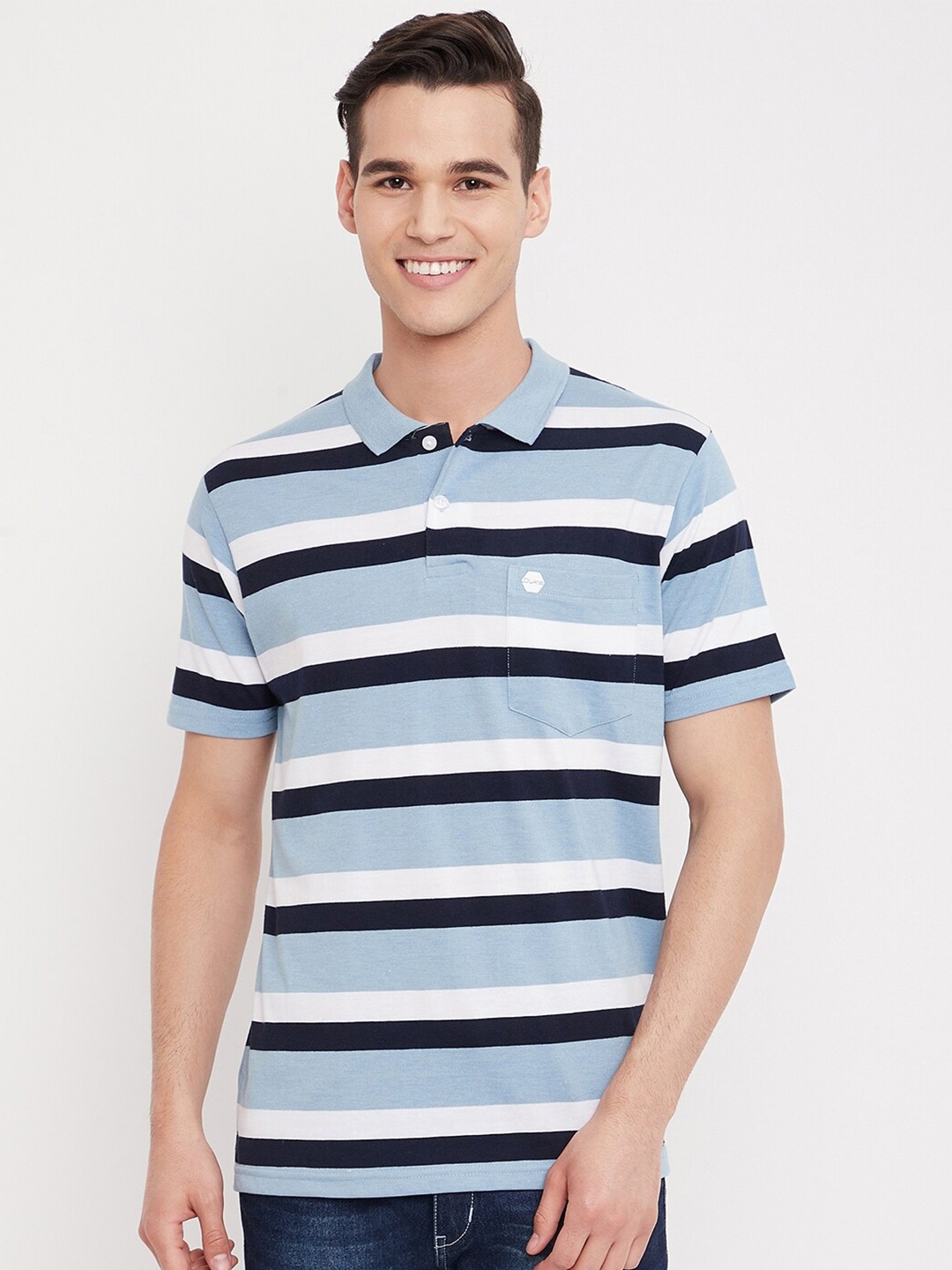 

Duke Men Blue & White Striped Cotton Polo Collar T-shirt