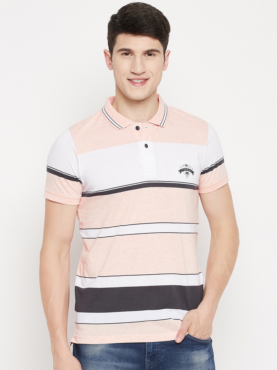 

Duke Men Peach-Coloured Striped Polo Collar Slim Fit T-shirt