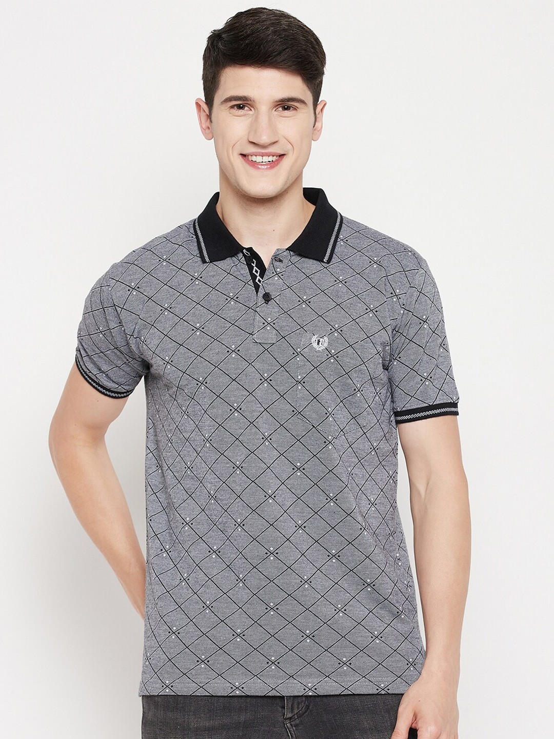 

Duke Men Grey Printed Polo Collar Cotton T-shirt