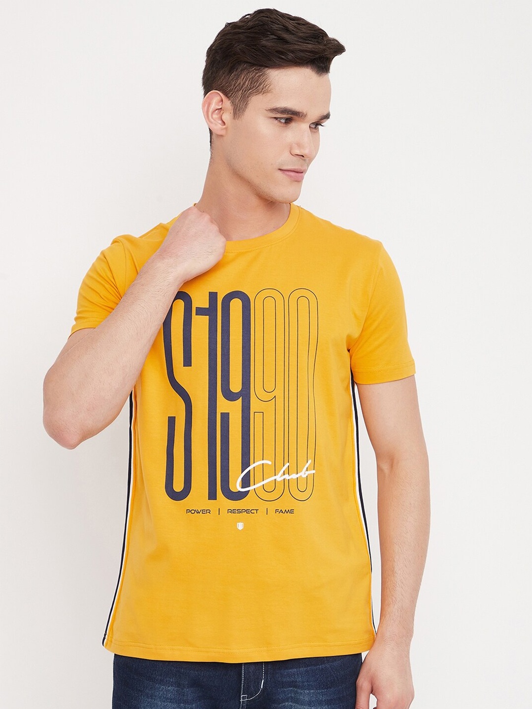 

Duke Men Yellow Typography Printed Cotton Slim Fit T-shirt
