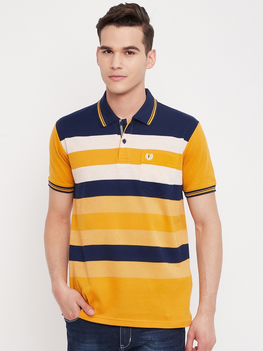 

Duke Men Yellow Striped Polo Collar Cotton T-shirt