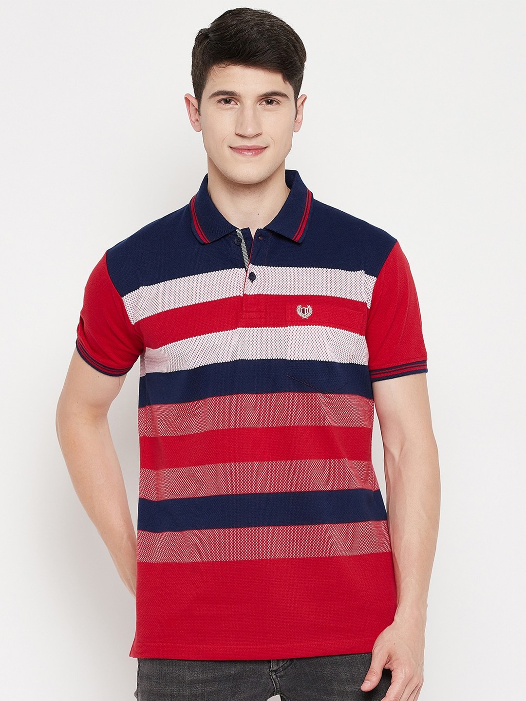 

Duke Men Red & Navy Blue Striped Polo Collar T-shirt