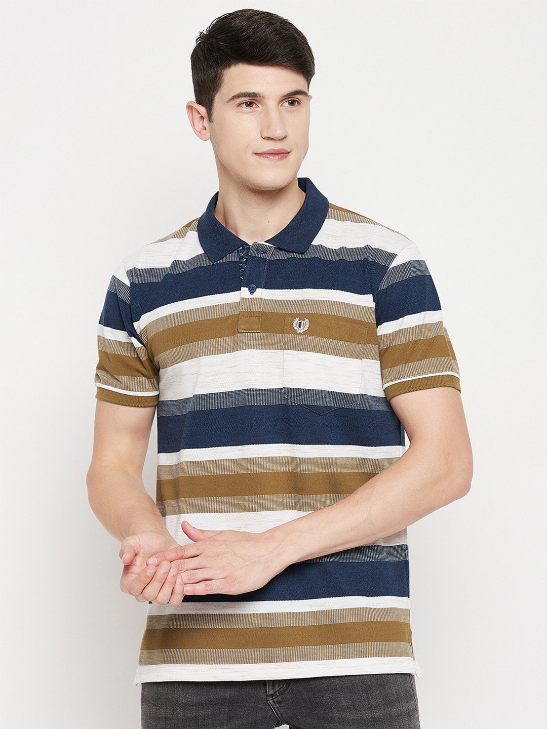 

Duke Men Brown Striped Polo Collar T-shirt