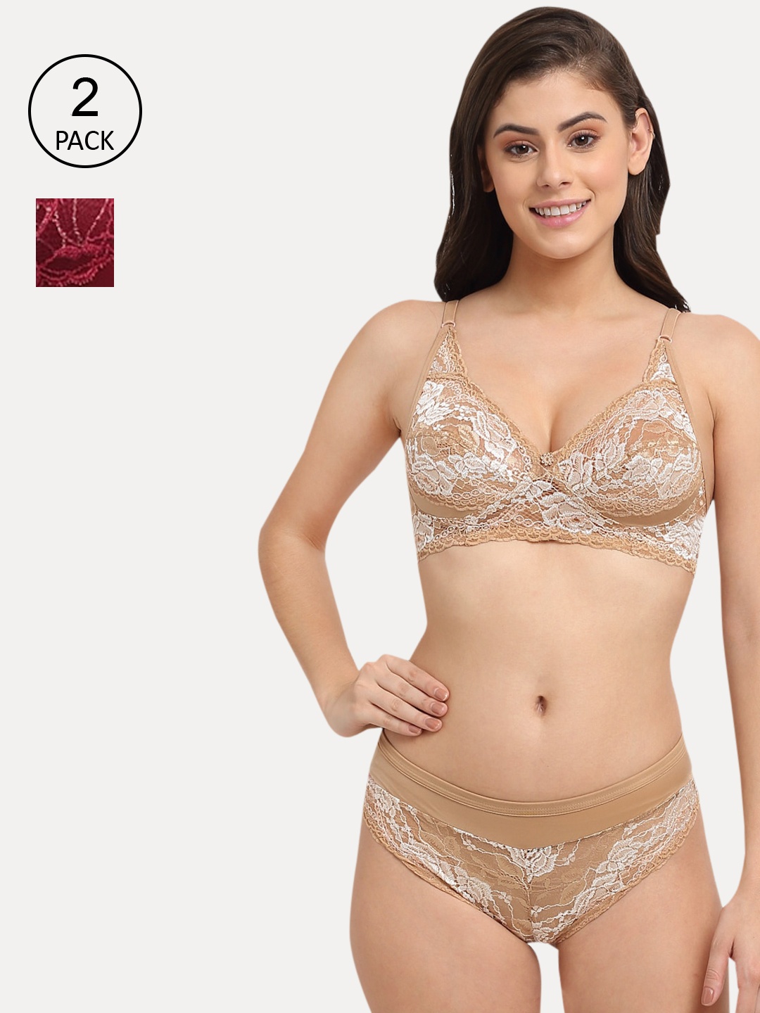 

Friskers Women Pack of 2 Non Padded Laced Bikini Lingerie Set, Beige