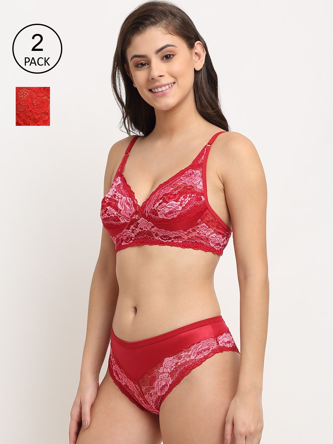 

Friskers Women Pack of 2 Non Padded Lingerie Set, Red
