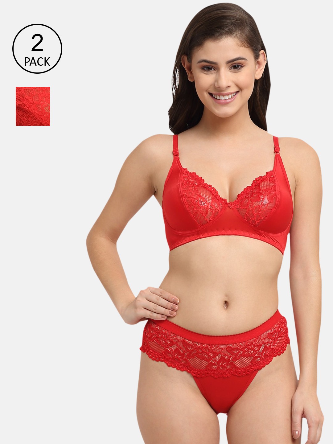 

Friskers Women Pack of 2 Non Padded Laced Bikini Lingerie Set, Red