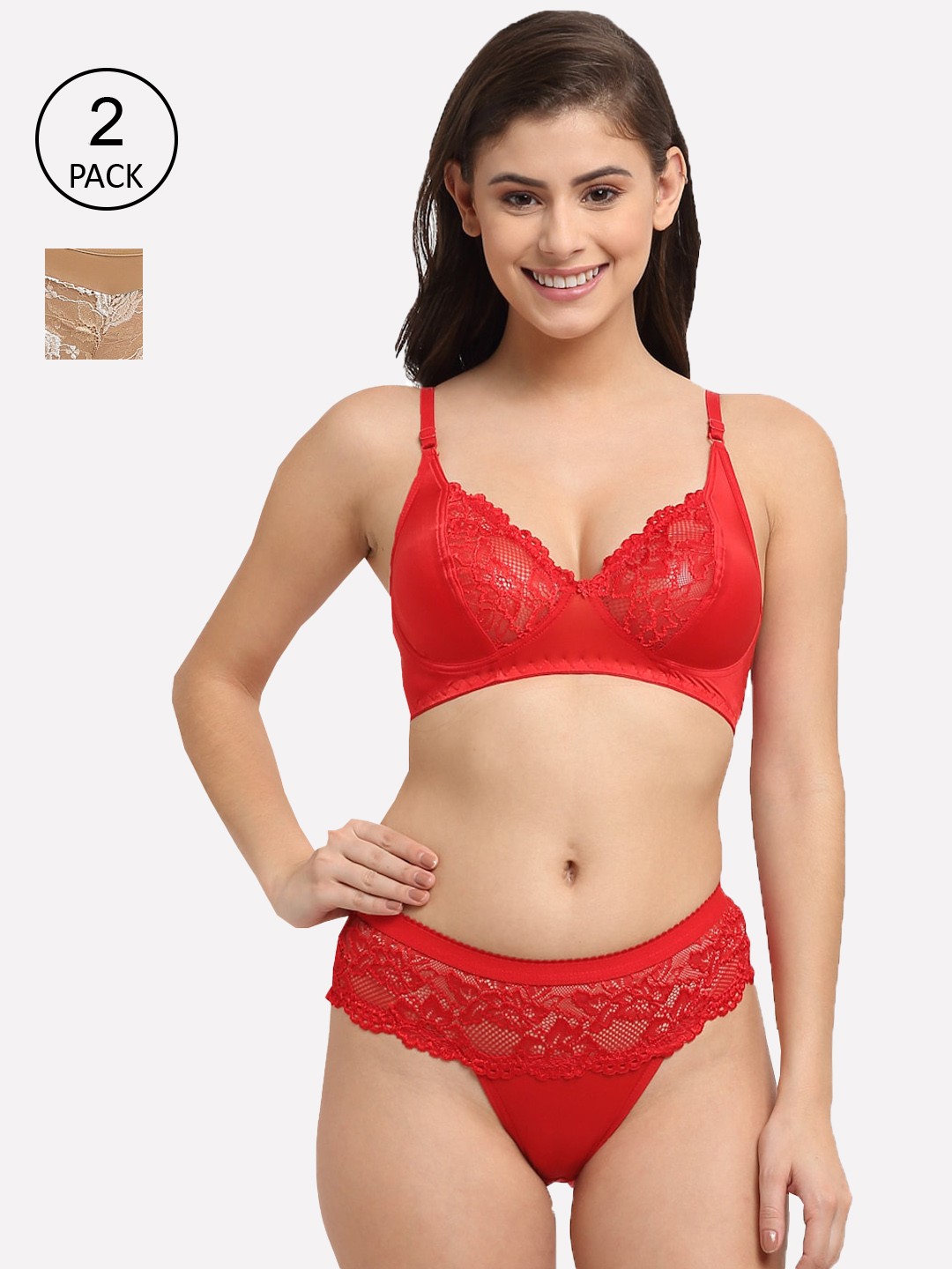 

Friskers Women Pack of 2 Non Padded Lingerie Set, Red