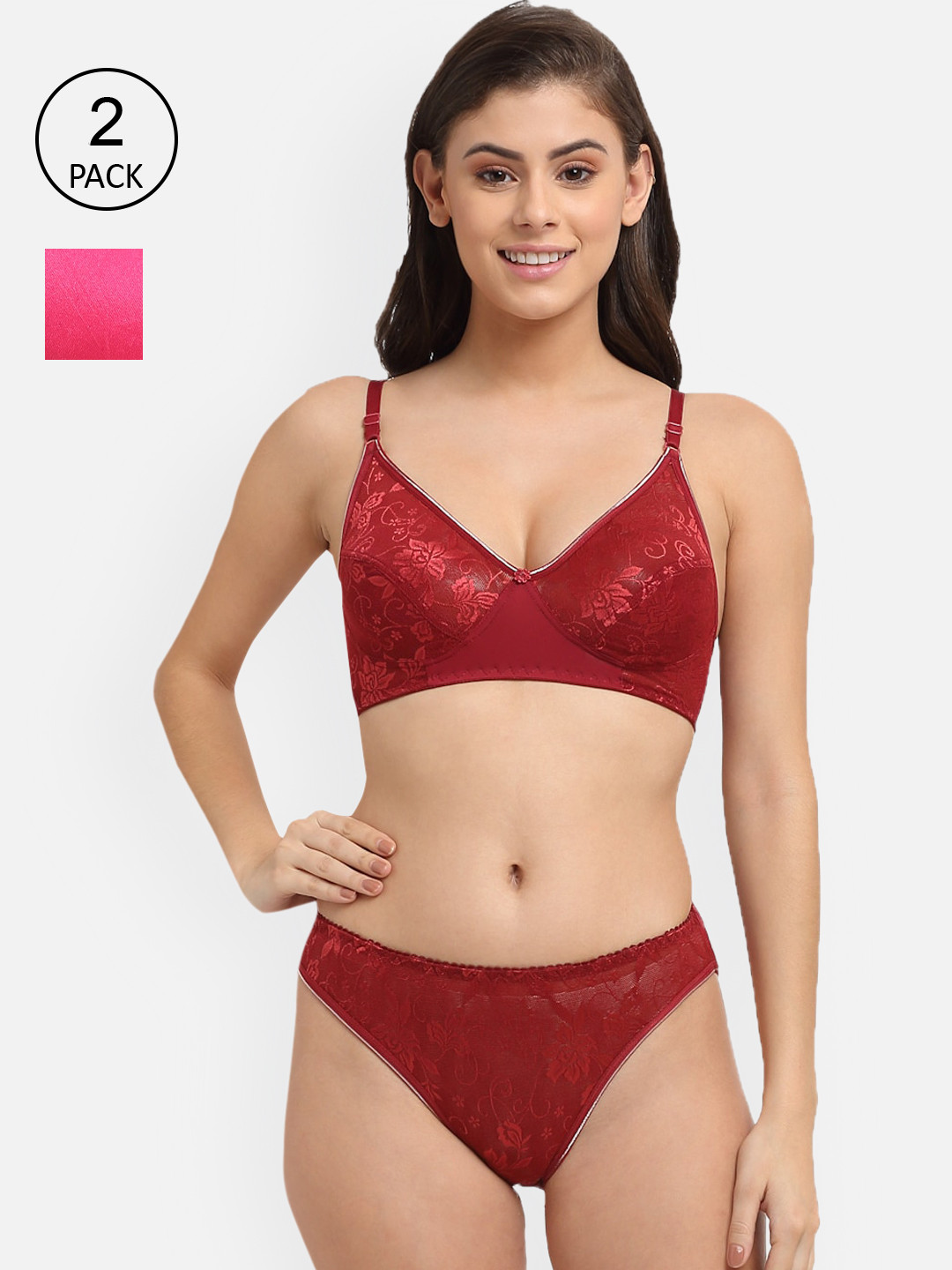 

Friskers Set of 2 Solid Wireless Medium Coverage Lingerie Set, Maroon