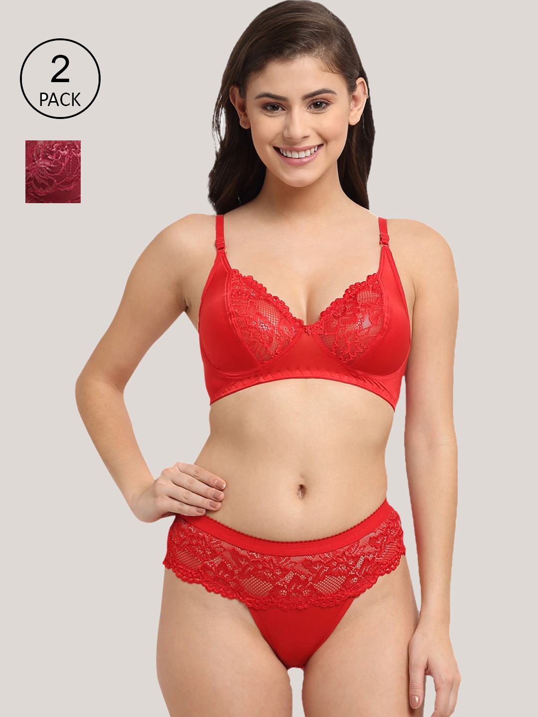 

Friskers Women Pack of 2 Non Padded Lingerie Set, Red