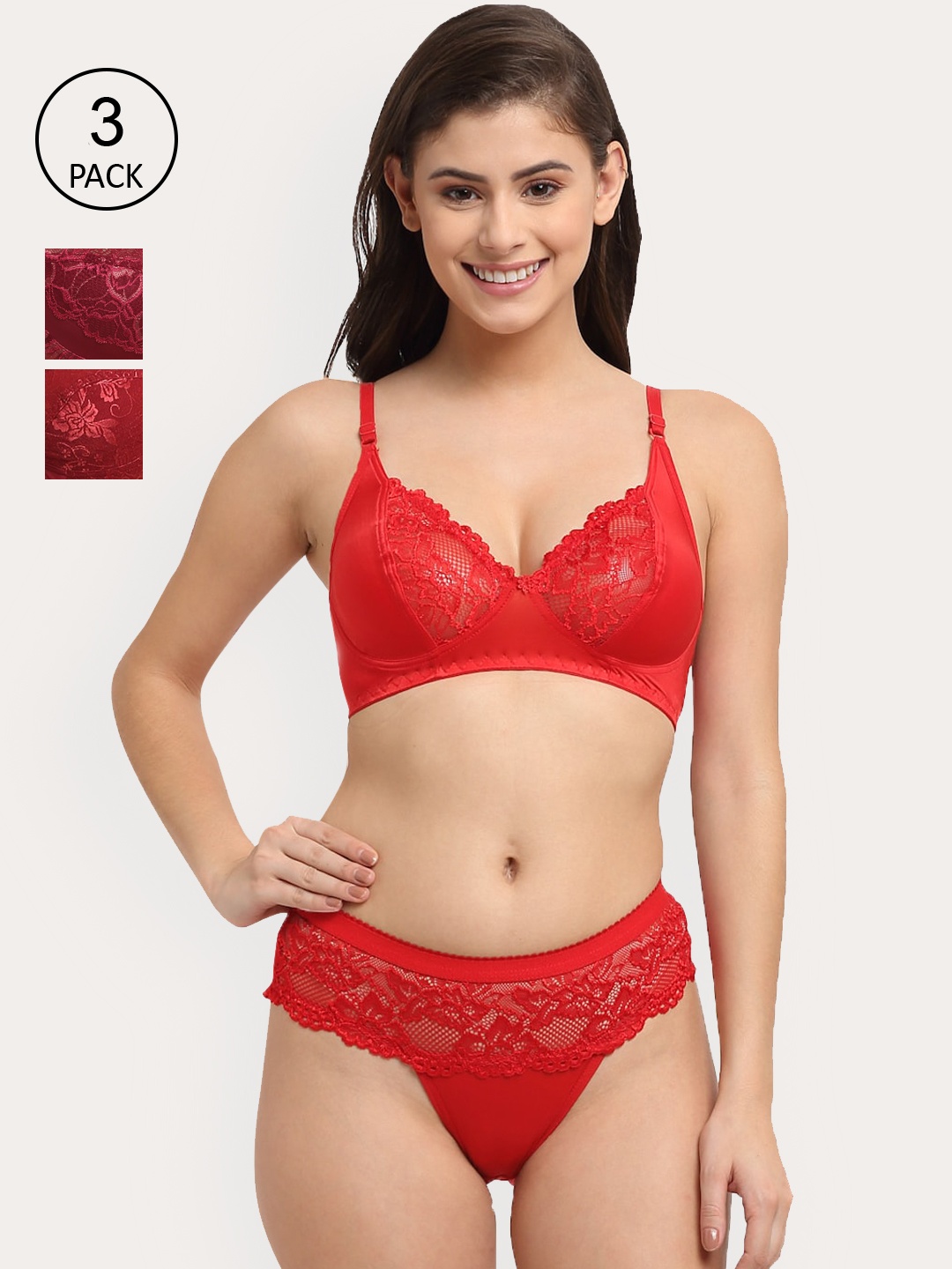 

Friskers Set of 3 Solid Wireless Medium Coverage Lingerie Set, Maroon