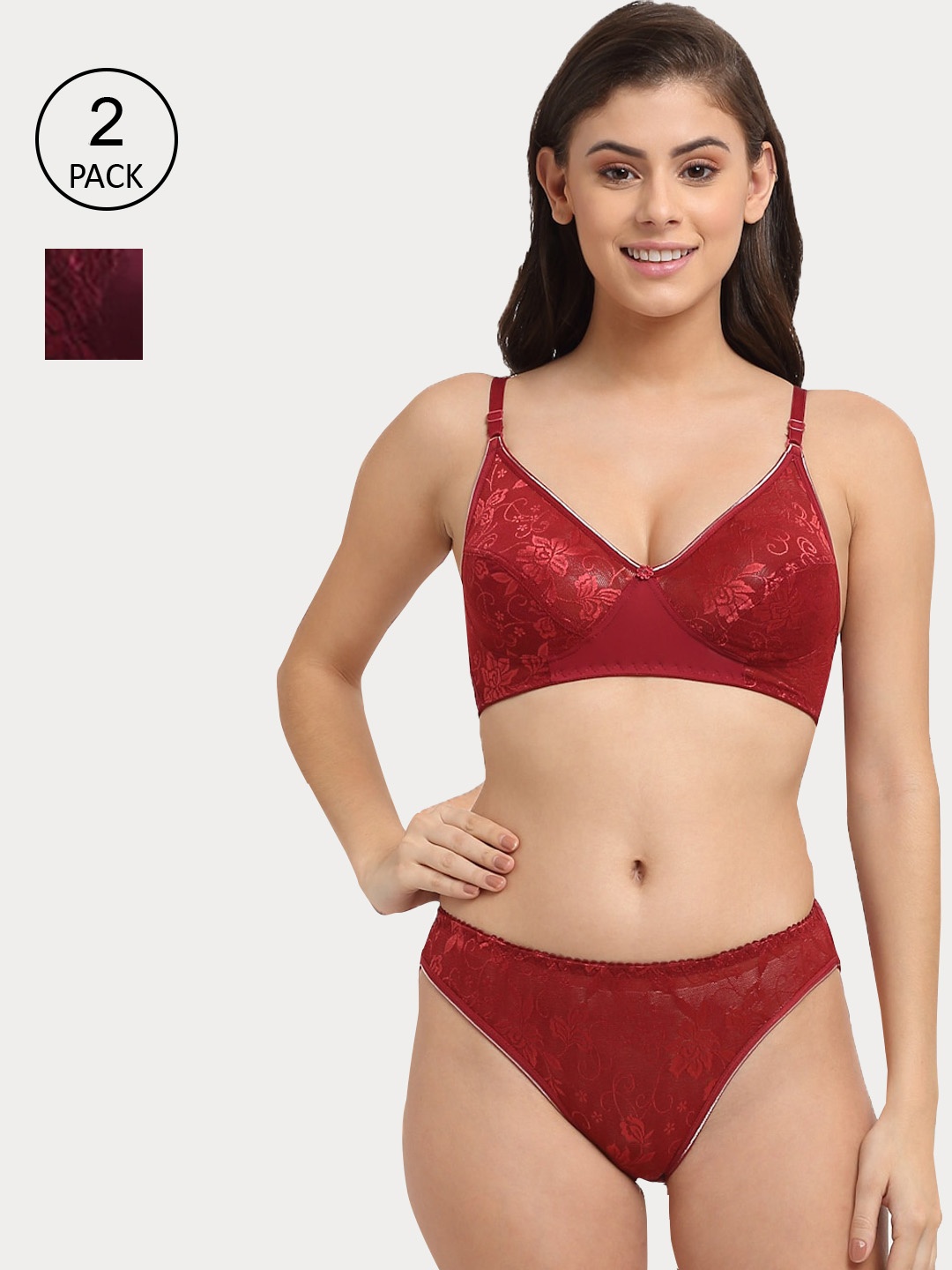 

Friskers Set of 2 Solid Wireless Medium Coverage Lingerie Set, Maroon