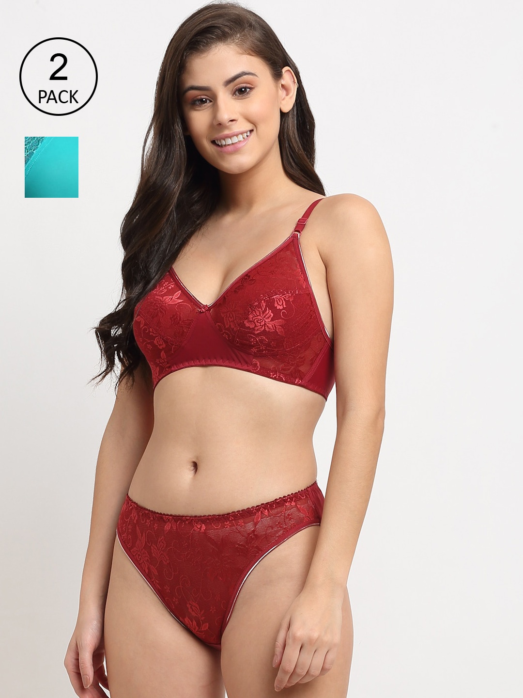 

Friskers Women Pack of 2 Non Padded Laced Bikini Lingerie Set, Maroon