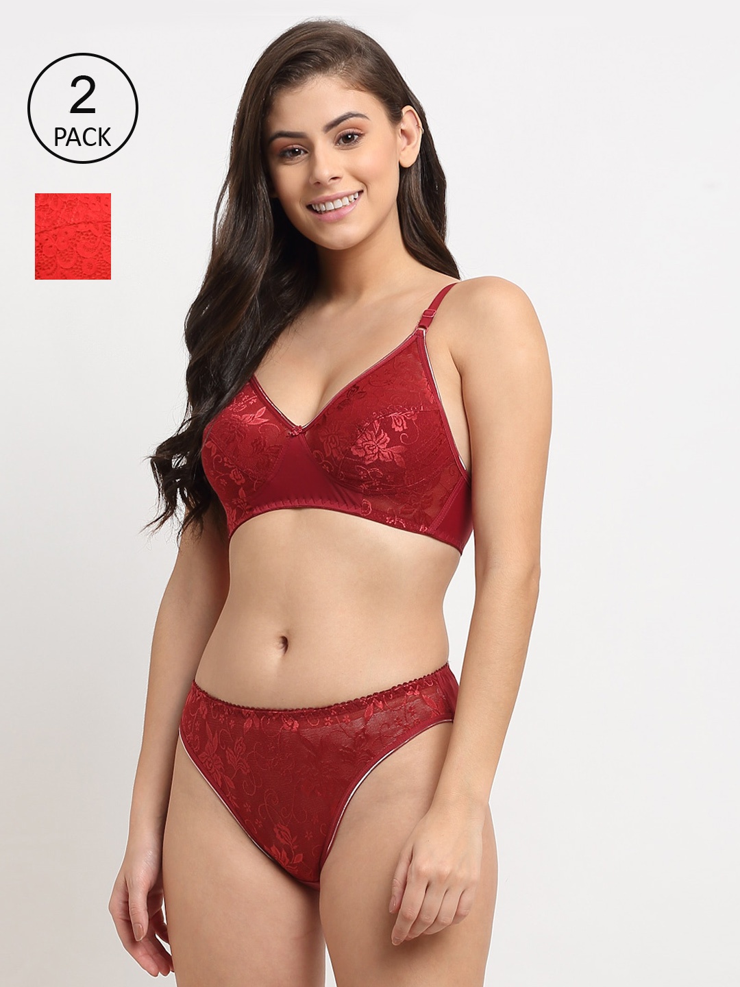 

Friskers Pack Of 2 Maroon & Red Lingerie Set - Non-Padded