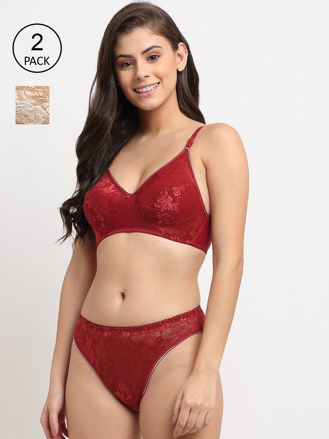 

Friskers Women Pack of 2 Maroon & Beige Lingerie Set
