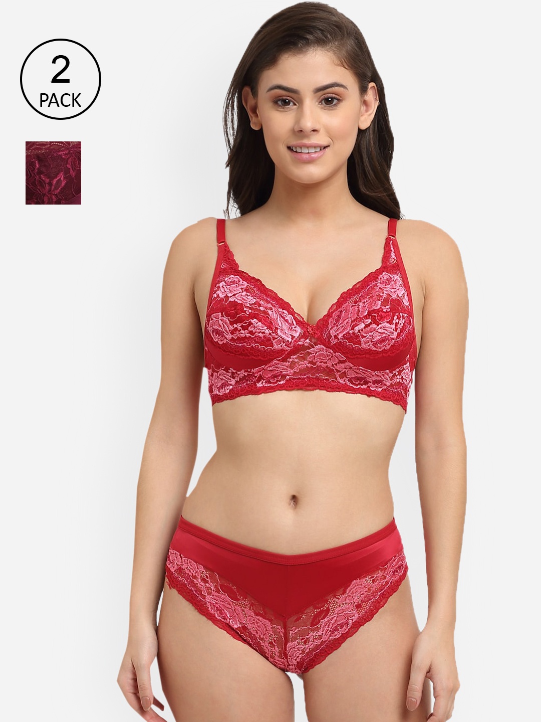 

Friskers Women Pack of 2 Red & Maroon Lingerie Set