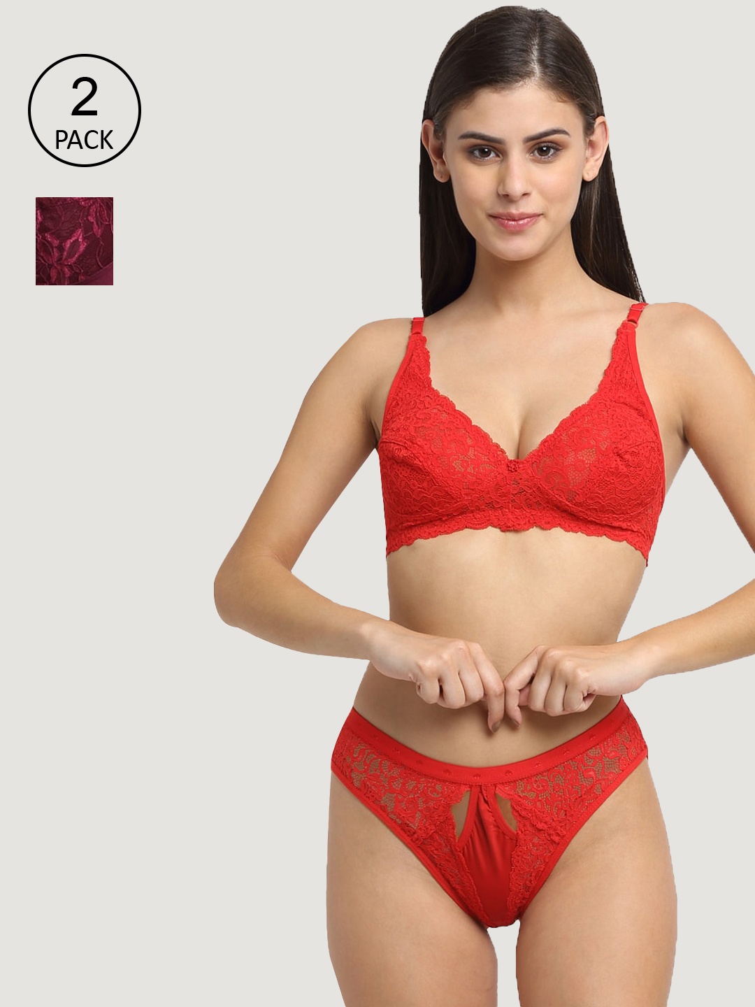 

Friskers Women Pack of 2 Non Padded Lingerie Set, Red