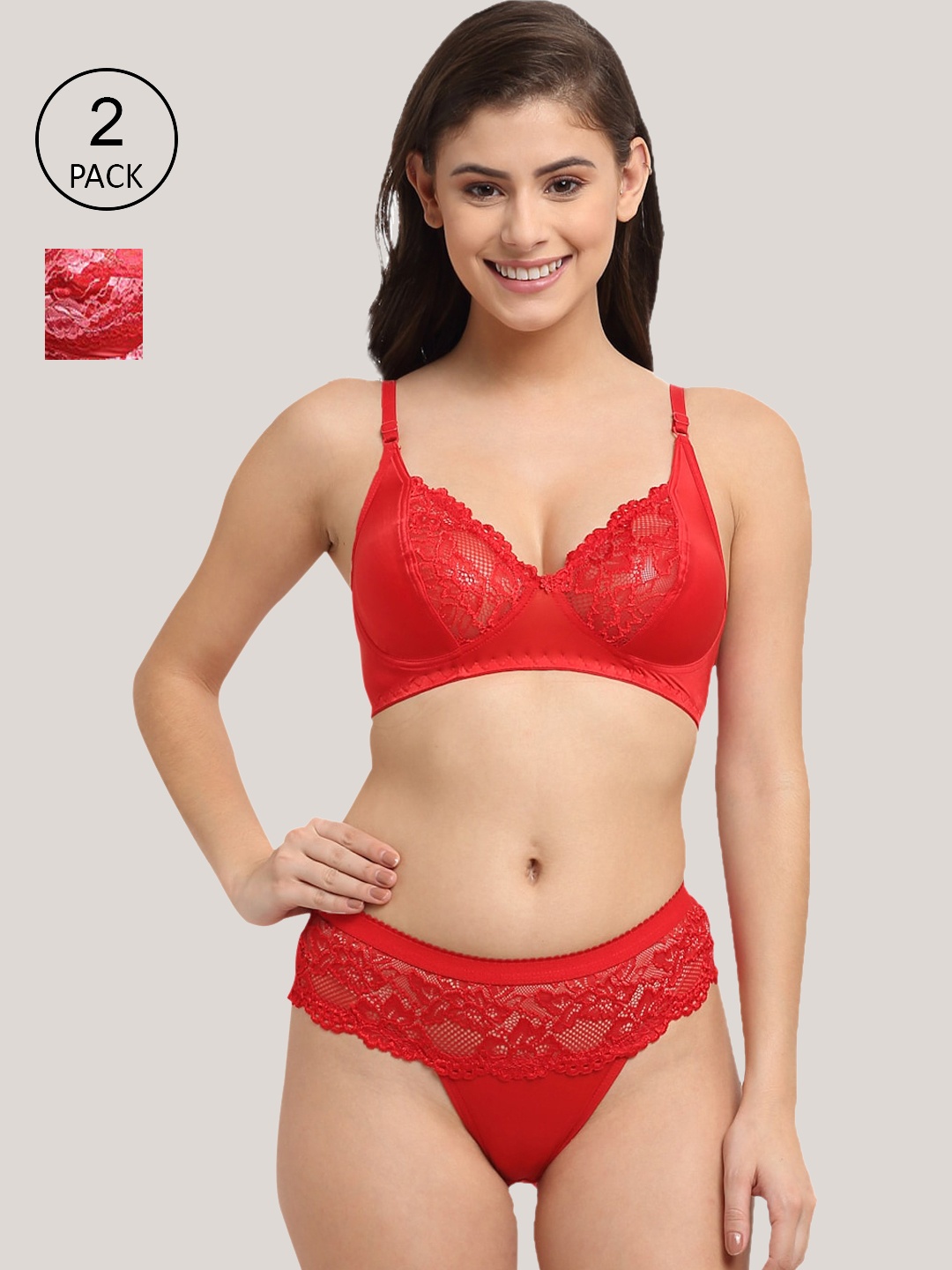 

Friskers Women Pack of 2 Non Padded Lingerie Set, Red