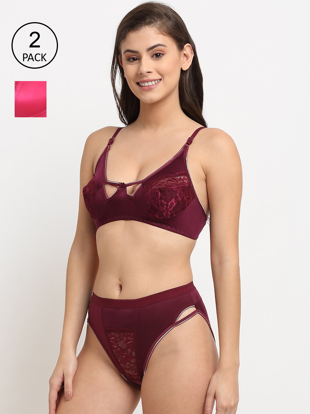 

Friskers Set of 2 Solid Wireless Medium Coverage Lingerie Set, Pink