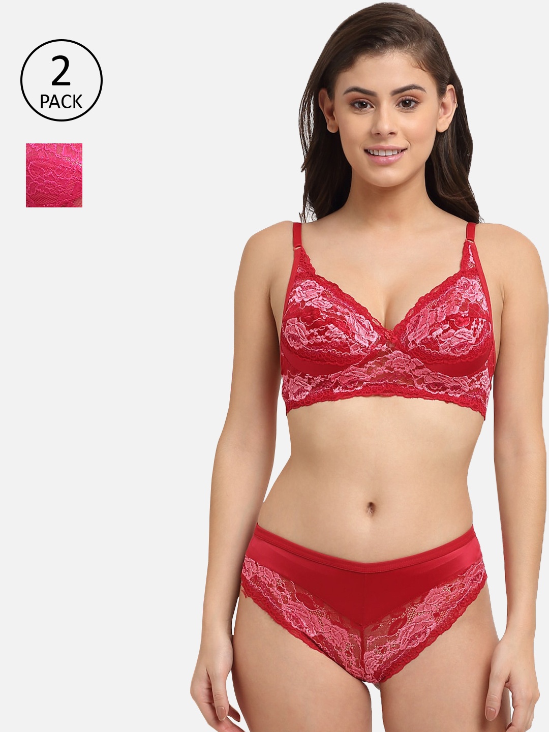 

Friskers Red & Pink Pack of 2 Non-padded Lace Lingerie Set