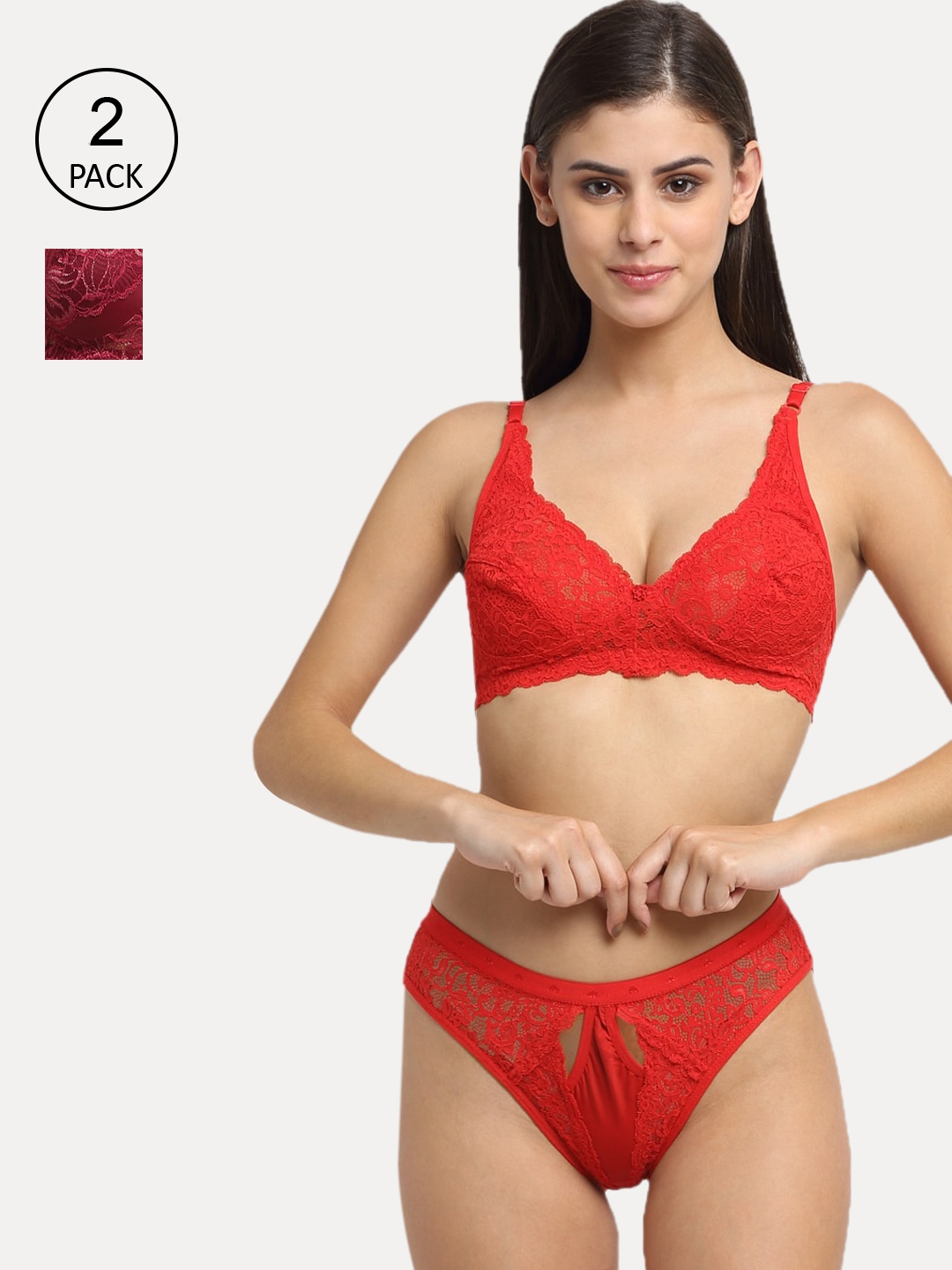 

Friskers Women Pack of 2 Non Padded Lingerie Set, Red