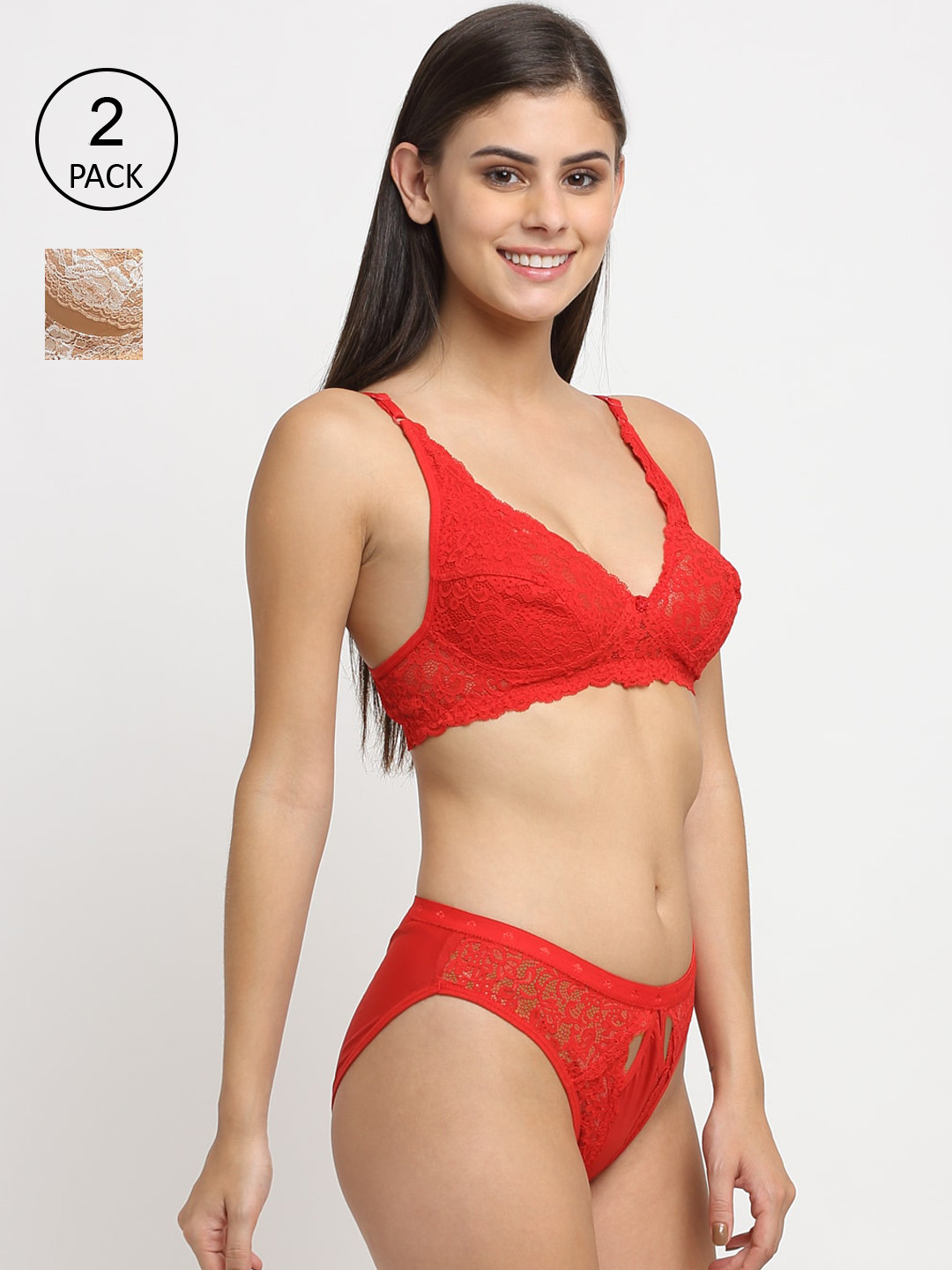

Friskers Set of 2 Solid Wireless Medium Coverage Lingerie Set, Red
