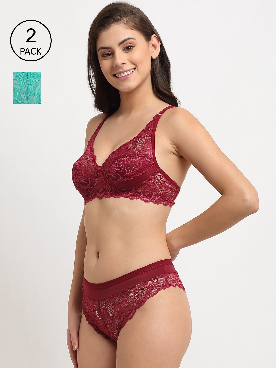 

Friskers Women Pack of 2 Non Padded Laced Bikini Lingerie Set, Burgundy
