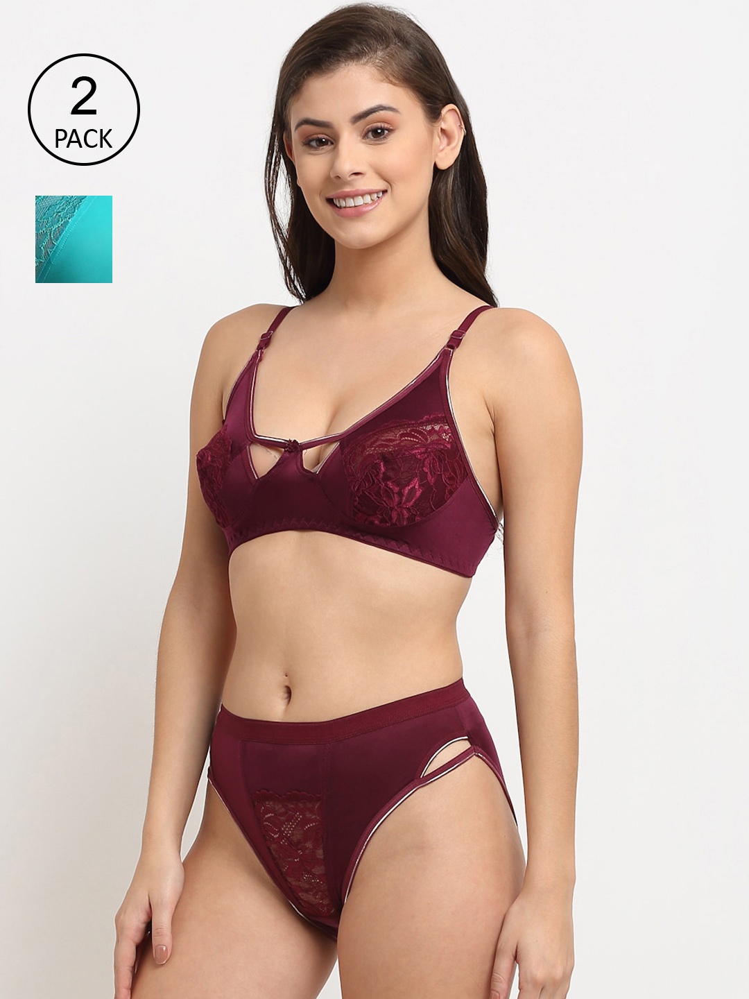 

Friskers Pack of 2 Teal Blue & Maroon Lace Lingerie Set