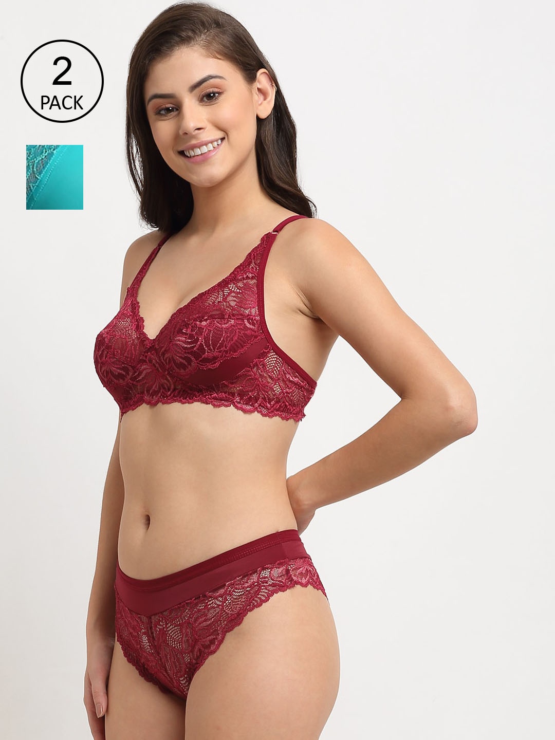 

Friskers Women Pack of 2 Teal Blue & Maroon Non Padded Lingerie Set