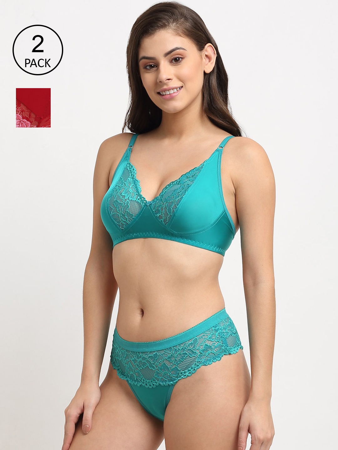 

Friskers Women Pack of 2 Non Padded Laced Bikini Lingerie Set, Teal