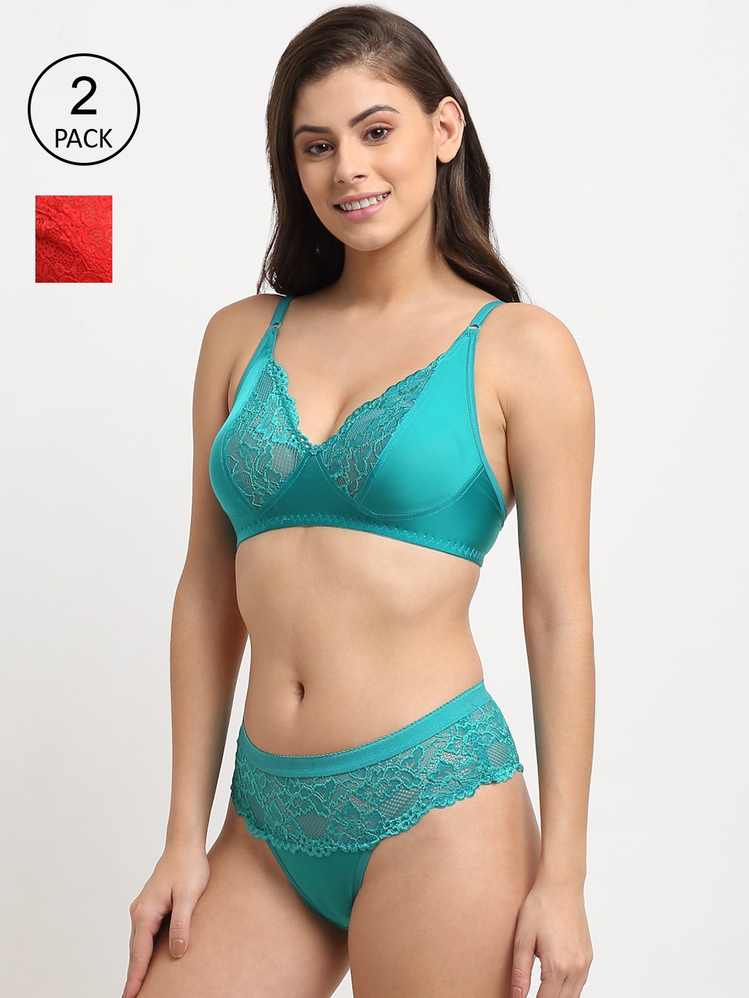 

Friskers Women Pack of 2 Non Padded Laced Bikini Lingerie Set, Teal