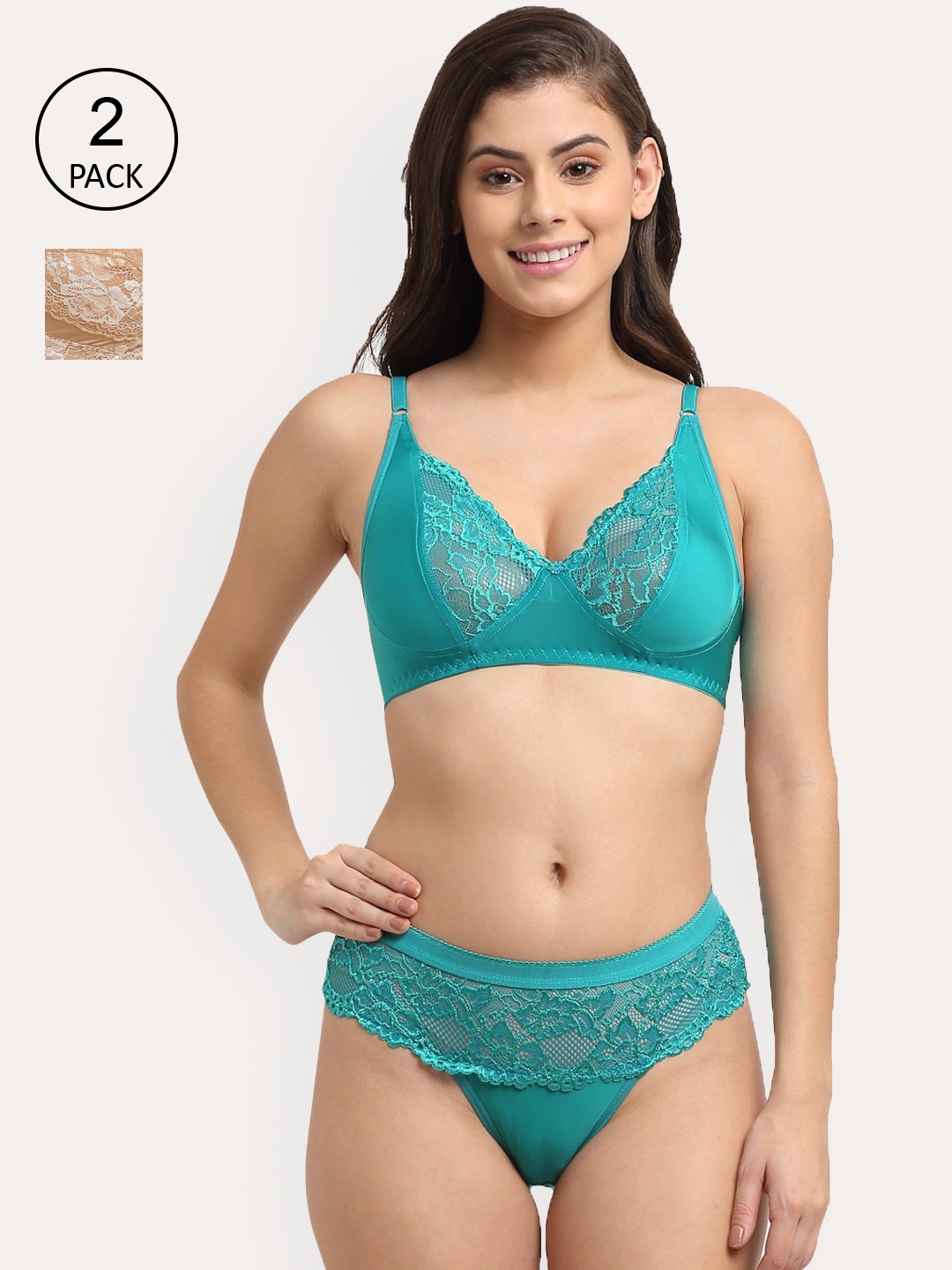 

Friskers Women Pack of 2 Teal Blue & Beige Lingerie Set