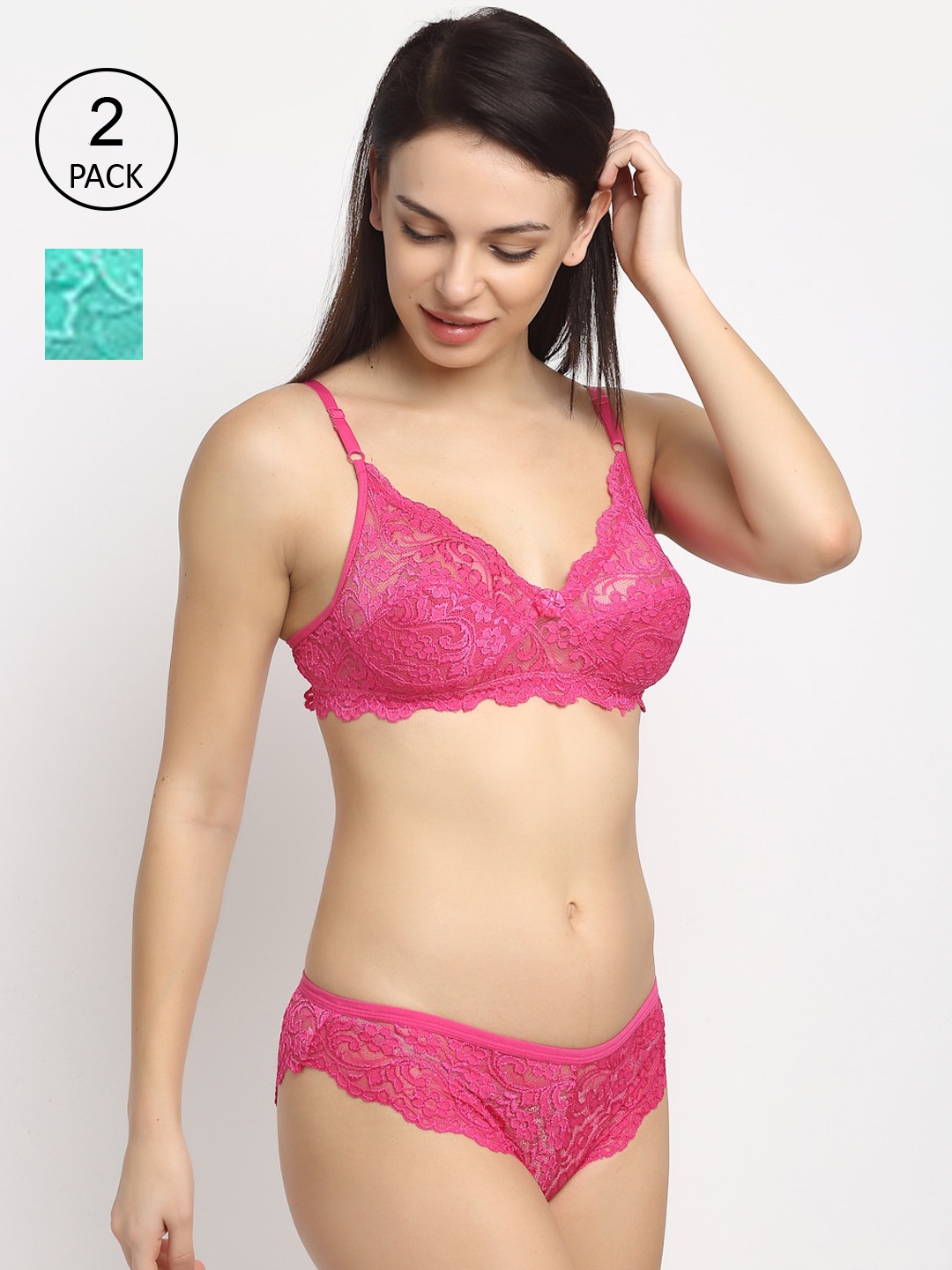 

Friskers Women Pack of 2 Non Padded Laced Bikini Lingerie Set, Pink