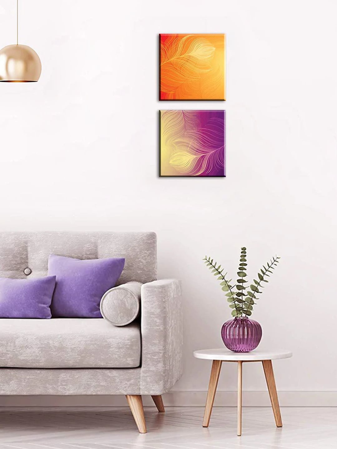 

WALLMANTRA Set of 2 Orange & Yellow Feather Design Framed Wall Art
