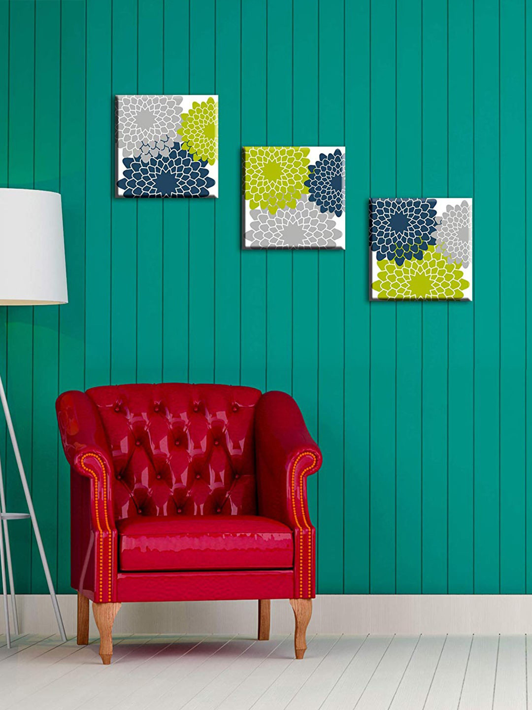 

WALLMANTRA Set of 3 Grey & Green Floral Printed Framed Wall Art