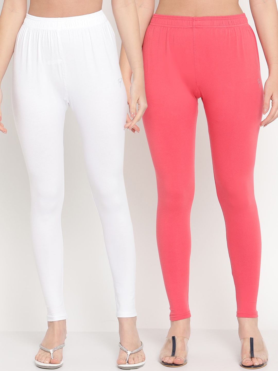 

TAG 7 Women Pack Of 2 Solid Ankle-Length Leggings 98% Cotton, White